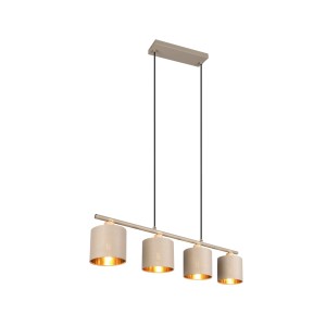 Moderne 4-flammige Pendelleuchte Tommy in warm beige mit goldfarbenen Textilschirmen für Esstisch.