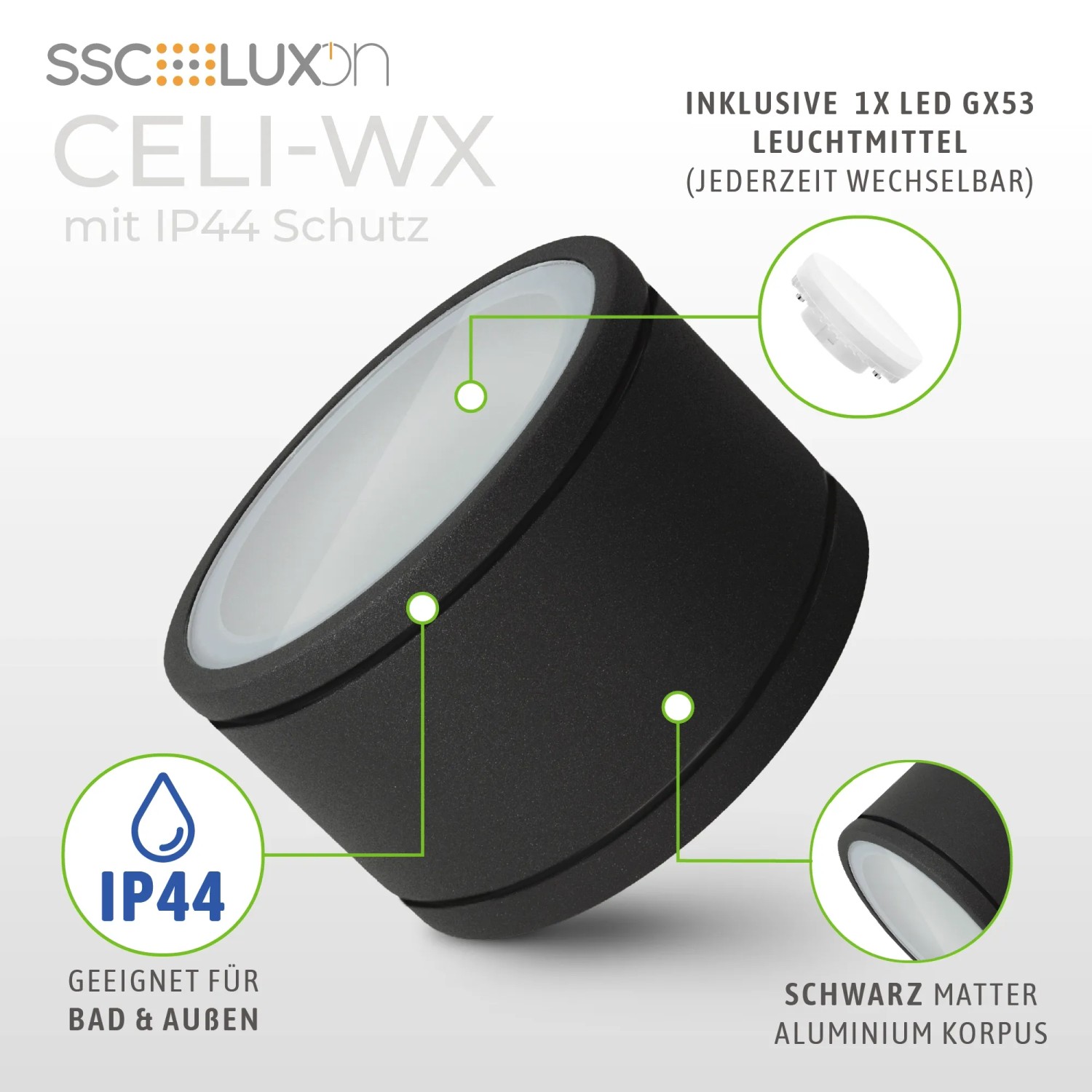 Schwarzer LED Spot IP44 für Bad & Außen, smarte Steuerung, inklusive GX53 RGB CCT Lampe.