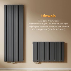 Anthrazitfarbener Emke Heizkörper, vertikal und horizontal, doppellagig. Paneelheizkörper für Bad und Wohnraum.