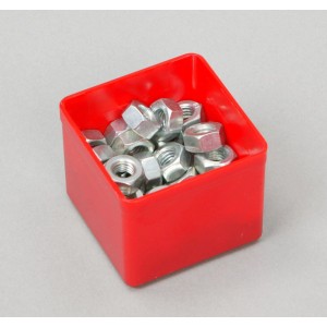 Roter Sortimentskasten EuroPlus Insert (4,5x5,4x5,4 cm) gefüllt mit Muttern. Aufbewahrung für Werkstatt & Hobby.
