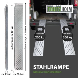 TRUTZHOLM 2x Auffahrrampe aus profiliertem Stahl, 180 cm lang, grau, mit 200 kg Tragkraft pro Rampe. Für Autoanhänger.