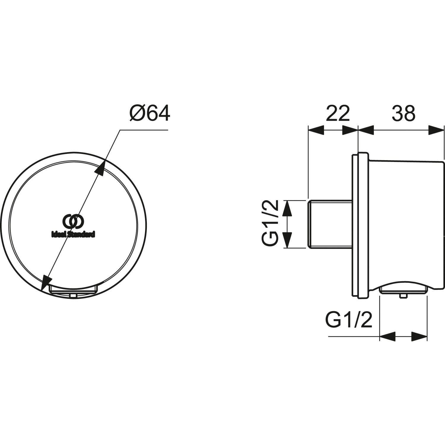 Technische Zeichnung: Ideal Standard Idealrain Atelier Brauseschlauchanschluss, rund, gebürstetes Gold, Maße.