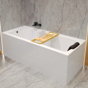 KOLMAN Rechteckbadewanne 130x70 cm weiß mit Bambus Badewannenablage, Kopfkissen und Wandarmatur.