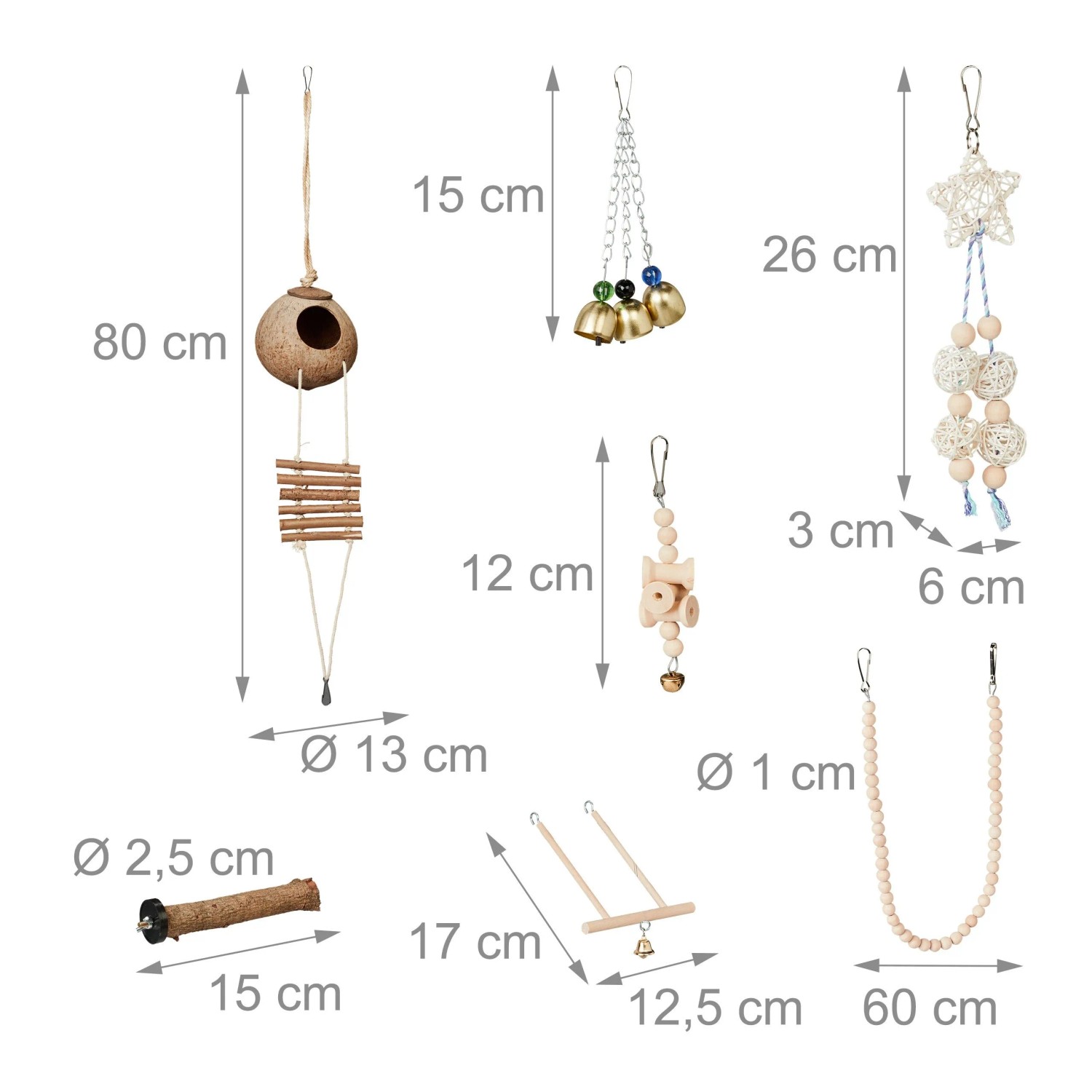 7-teiliges Vogelspielzeug Set aus Naturholz, Kokos und Eisen zum Hängen für Wellensittiche und andere Ziervögel.