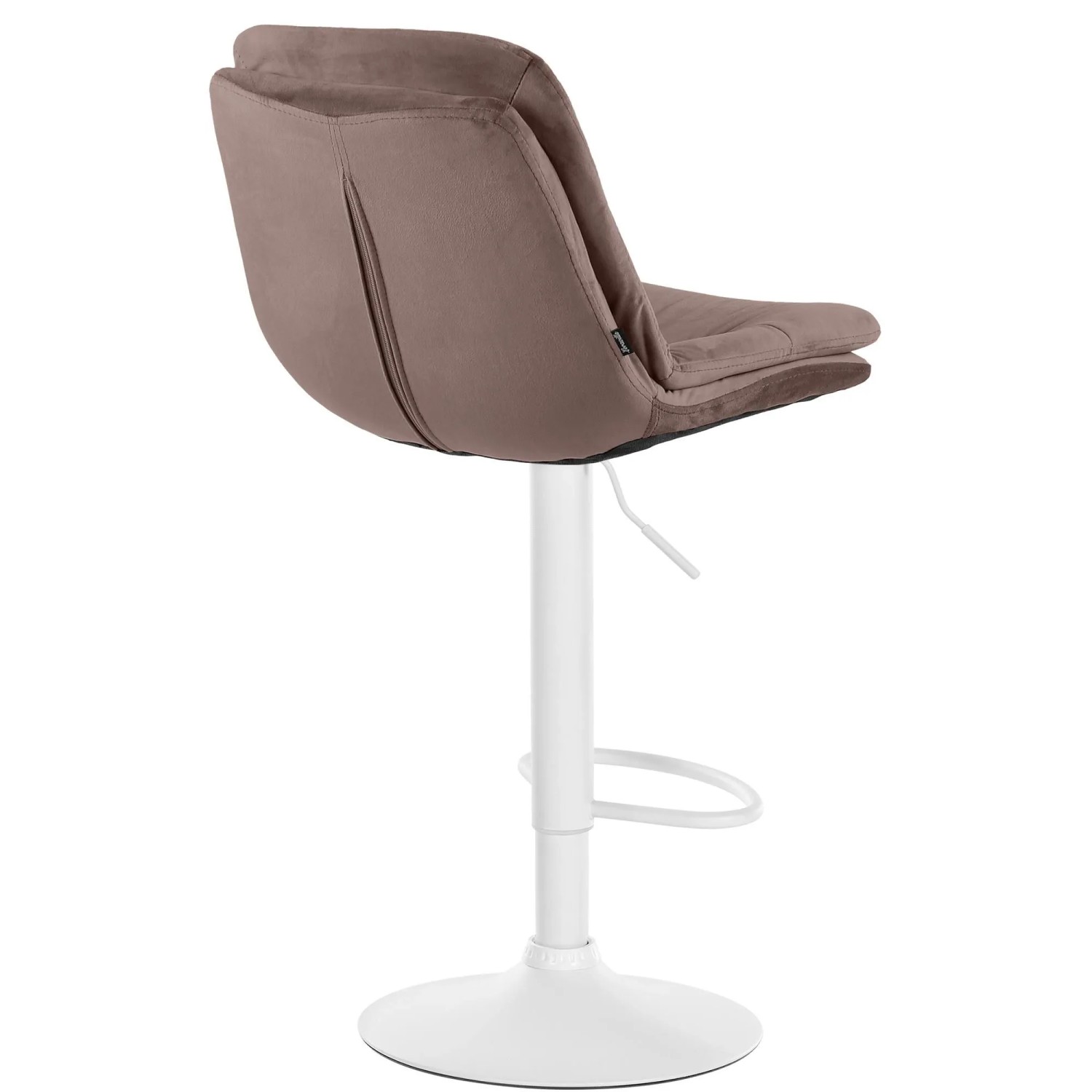 Moderner Barhocker Laurel mit braunem Samtbezug und mattweißem Metallgestell, höhenverstellbar und drehbar.