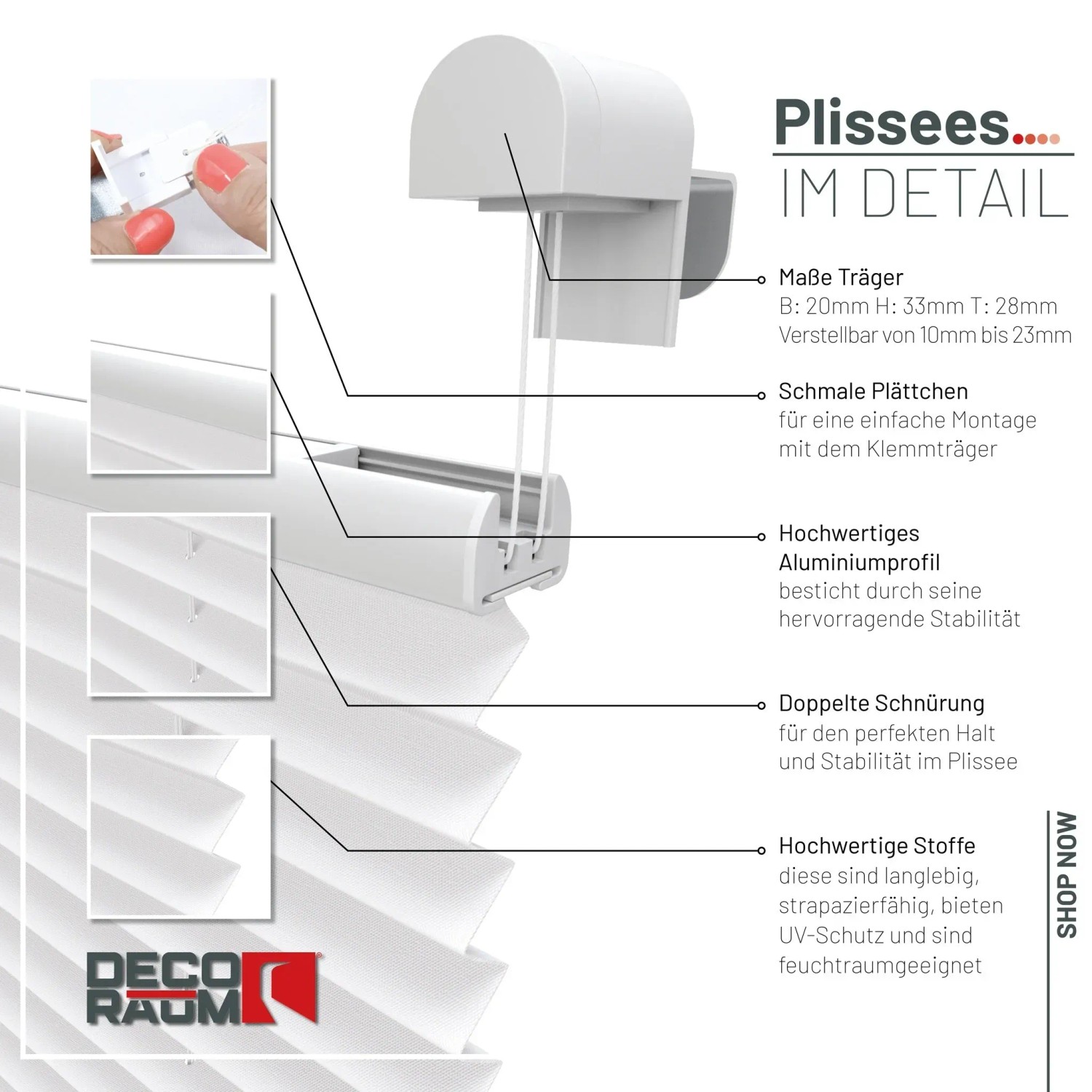 Detailansicht: Weißes Deco-Raum Plissee 100x150cm mit Klemmfix-System. Dekoartikel für Fenster, blickdicht.