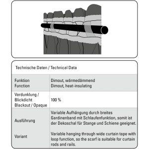 Skizze eines taupefarbenen Bennetti Schals mit Gardinenband für Stange und Schiene.