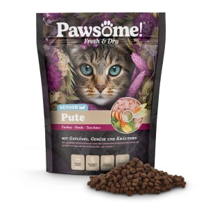 Pawsome Katzen-Trockenfutter Senior Pute, 750g Packung mit Futterstücken.