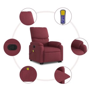 Weinroter Massagesessel mit Aufstehhilfe, Stoffbezug. Relaxsessel mit Vibrationsmassage und manueller Liegefunktion.