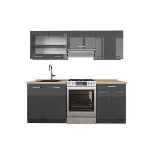 Vicco R-Line Küchenzeile, 200 cm, Anthrazit Hochglanz mit Eiche Arbeitsplatte.