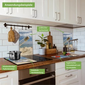 Banjado 2-teilige Herdabdeckplatte Glas mit Flaschenpost-Motiv als Schneidebrett und Spritzschutz.