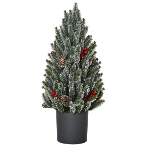 HOMCOM künstlicher Weihnachtsbaum, 50cm, mit Schnee, roten Beeren und Tannenzapfen im Topf.