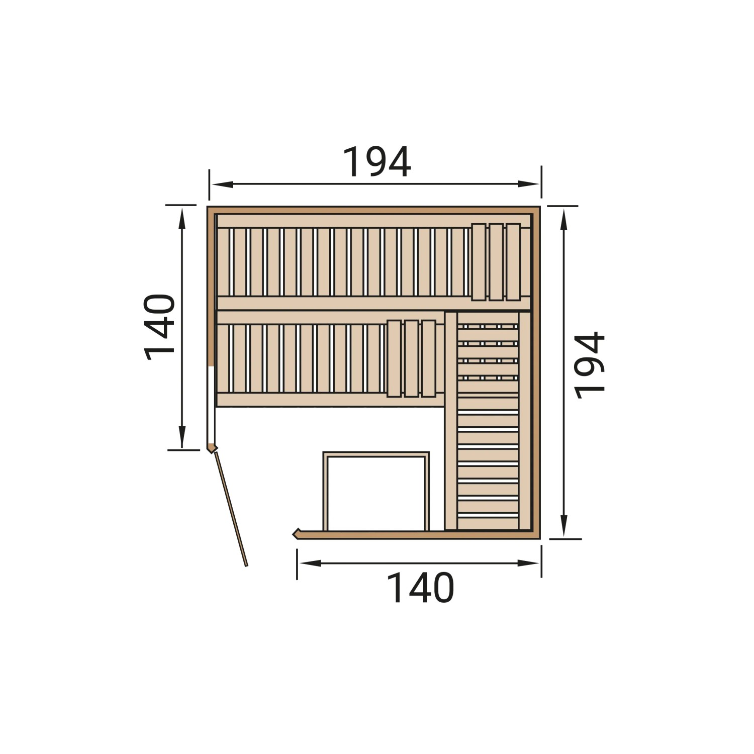 Grundriss der Weka Element-Ecksauna Varberg, Maße 194x194x140 cm, mit Glastür und Fenster.