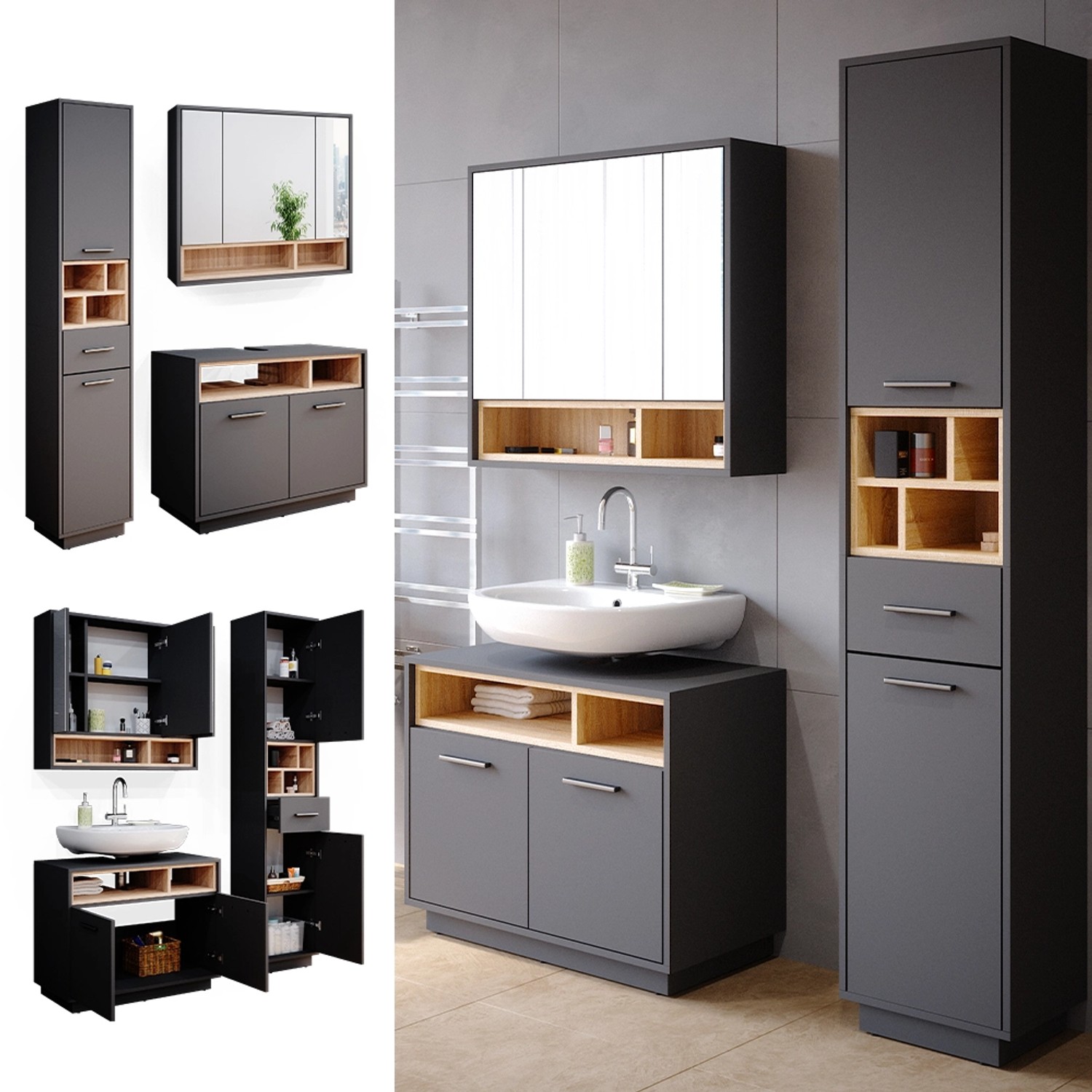 Vicco Badmöbel-Set Beatrice, 3-teilig in Anthrazit/Sonoma mit Spiegelschrank und Hochschrank.