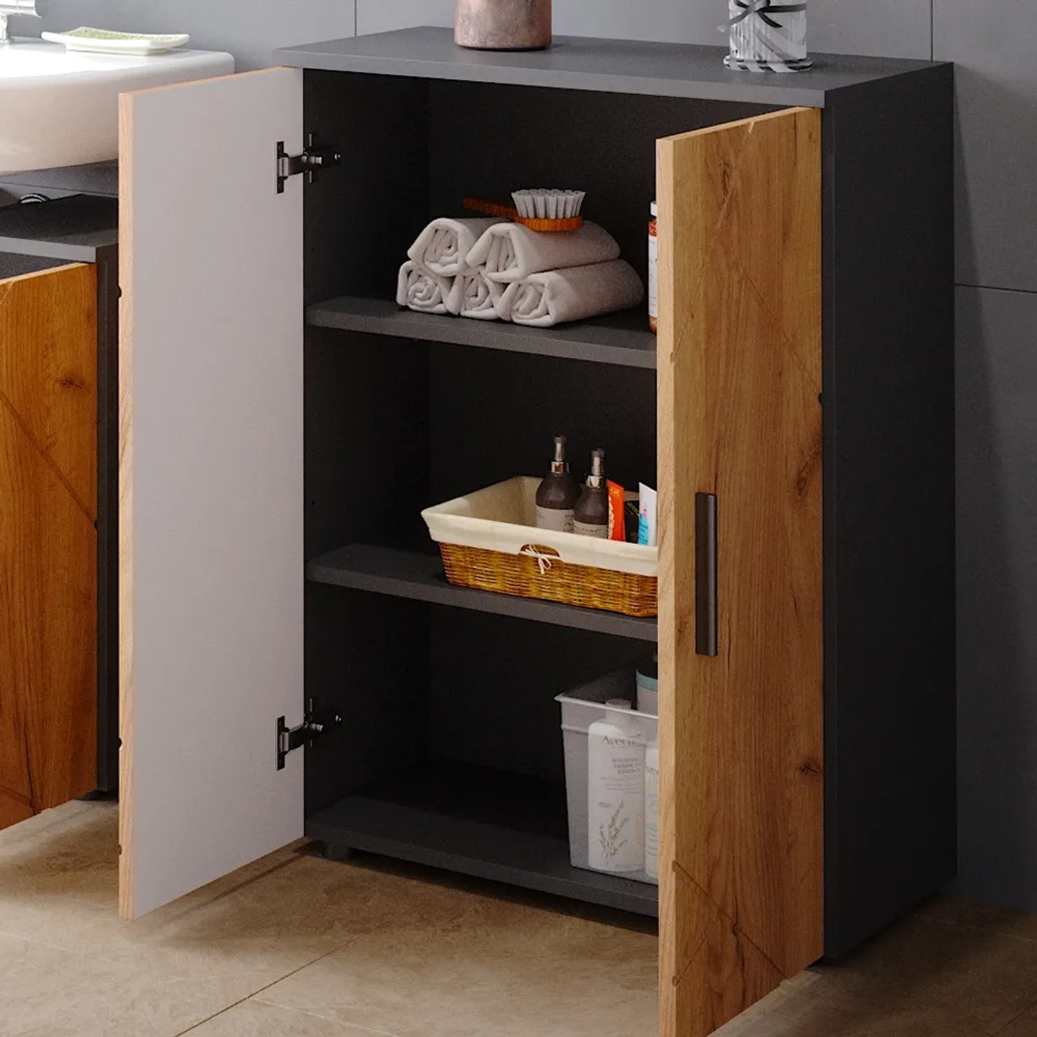 Vicco Midischrank Irma, Badregal in Anthrazit/Goldkraft Eiche, 60x81 cm, mit offenem Stauraum.