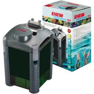 Eheim Außenfilter EXperience 250 für Aquarien, grauer Filter mit Verpackung.