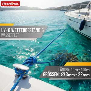 Blau-gelbes Polypropylen Seil (Ø 22mm, 20m) am Boot befestigt. Reißfestes Universal Seil von Floordirekt.