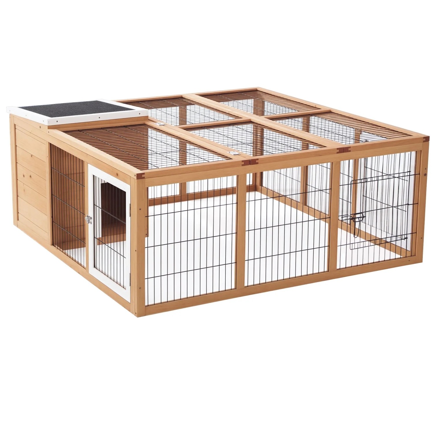 PawHut Kaninchenstall mit Dach zum Öffnen mit Freigehege Natur 123 x 120 x 52 cm