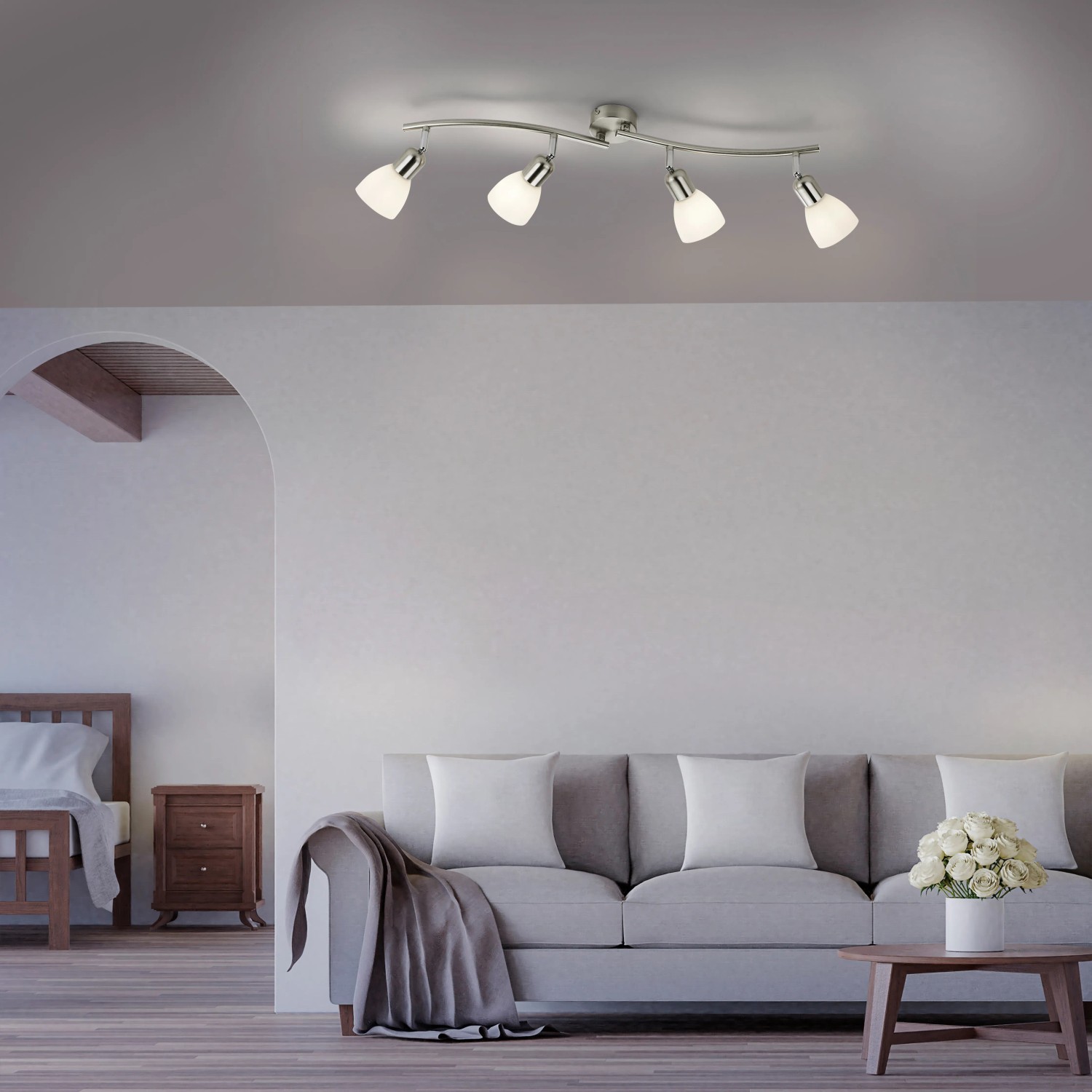 Stahlfarbener Just Light Spot Karo, 4-flammige Deckenleuchte im Wohnraum.