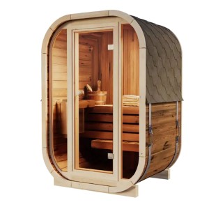 FinnTherm Fasssauna Ellipso S aus Thermoholz mit Glastür und Dachschindeln.