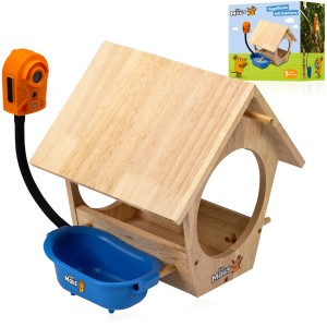 DieMaus Vogelhaus mit Kamera, aus Holz mit Tränke und orangefarbener Kamera.