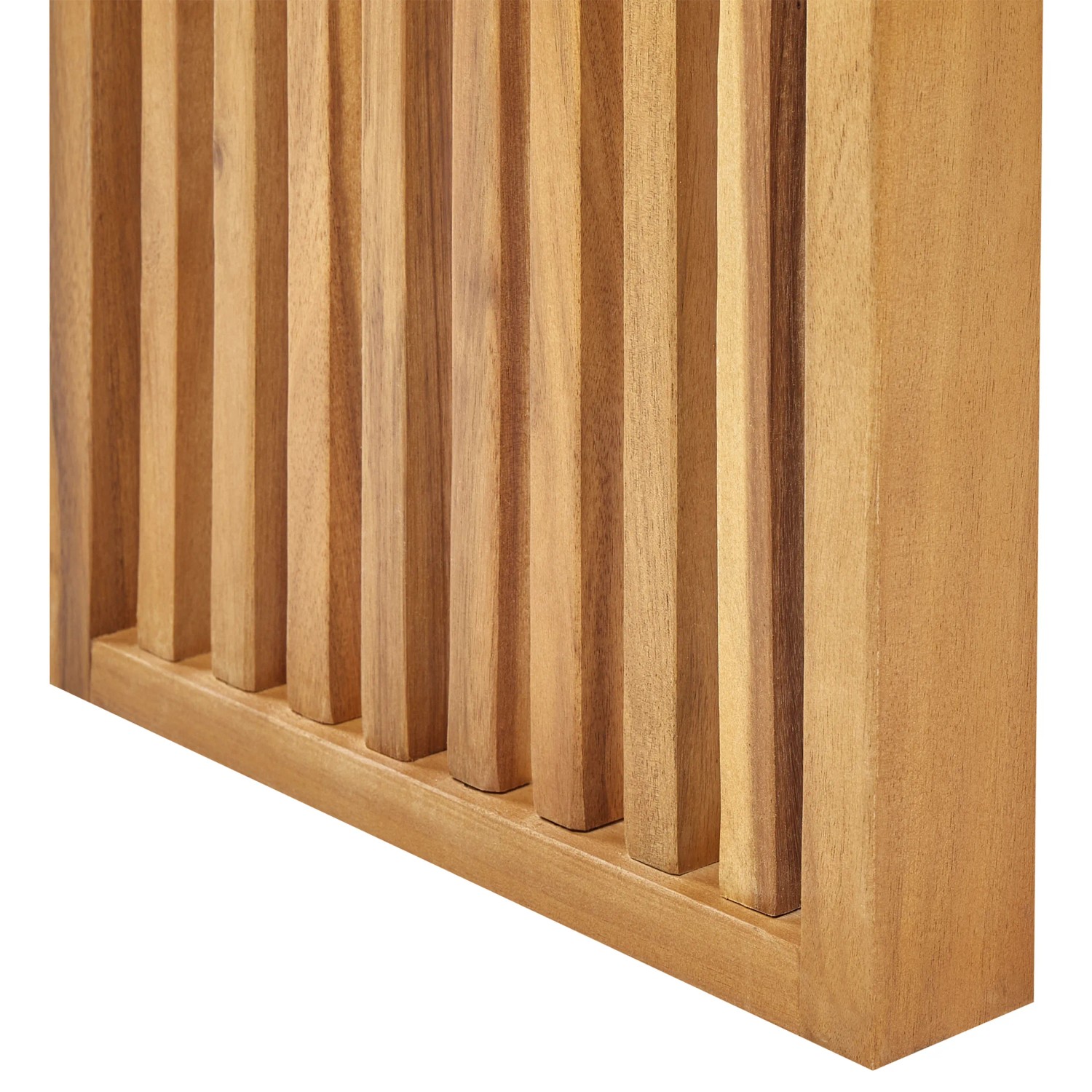 Detailansicht der hellen Holz-Gartenbank (35x105x43) von Beliani. Fokus auf Holzmaserung und Lattenstruktur.