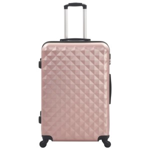 Roségoldener ABS Hartschalen-Trolley mit geometrischem Muster und ausziehbarem Griff. Teil eines 3-teiligen Koffer-Sets.