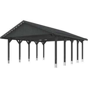 Satteldach-Carport Wallgau, schiefergrau, mit Dachlattung. Doppelcarport aus Holz mit 10 Pfosten.