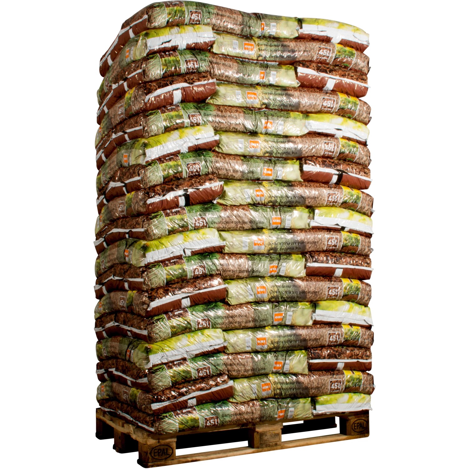 Palette OBI Gartendekor Pinie, 51 Säcke Dekormulch (je 45 l), für Beetabdeckung & Weggestaltung.