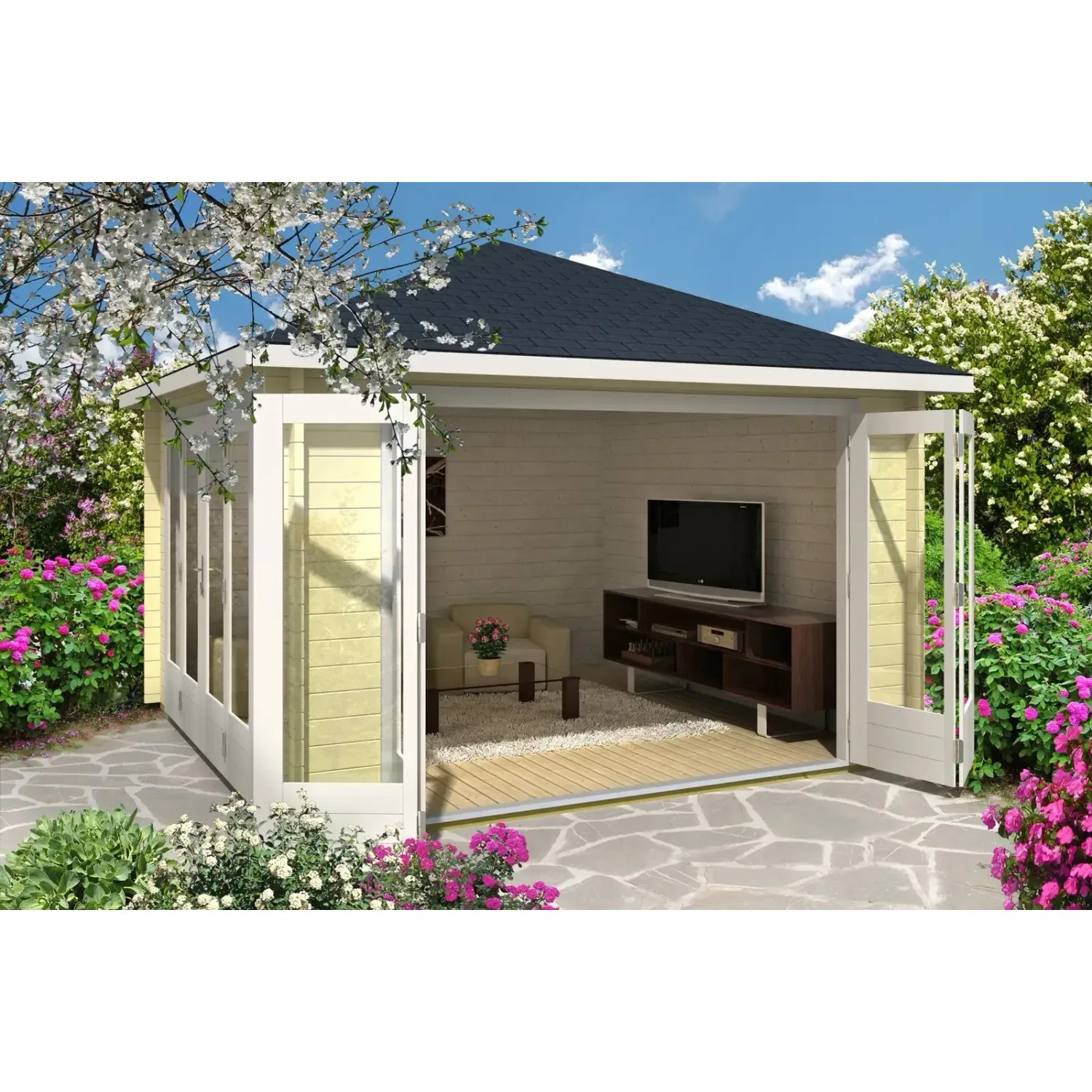 Unbehandeltes Alpholz Gartenhaus Sunshine mit Spitzdach, 350x342 cm, mit geöffneten Türen und Inneneinrichtung.
