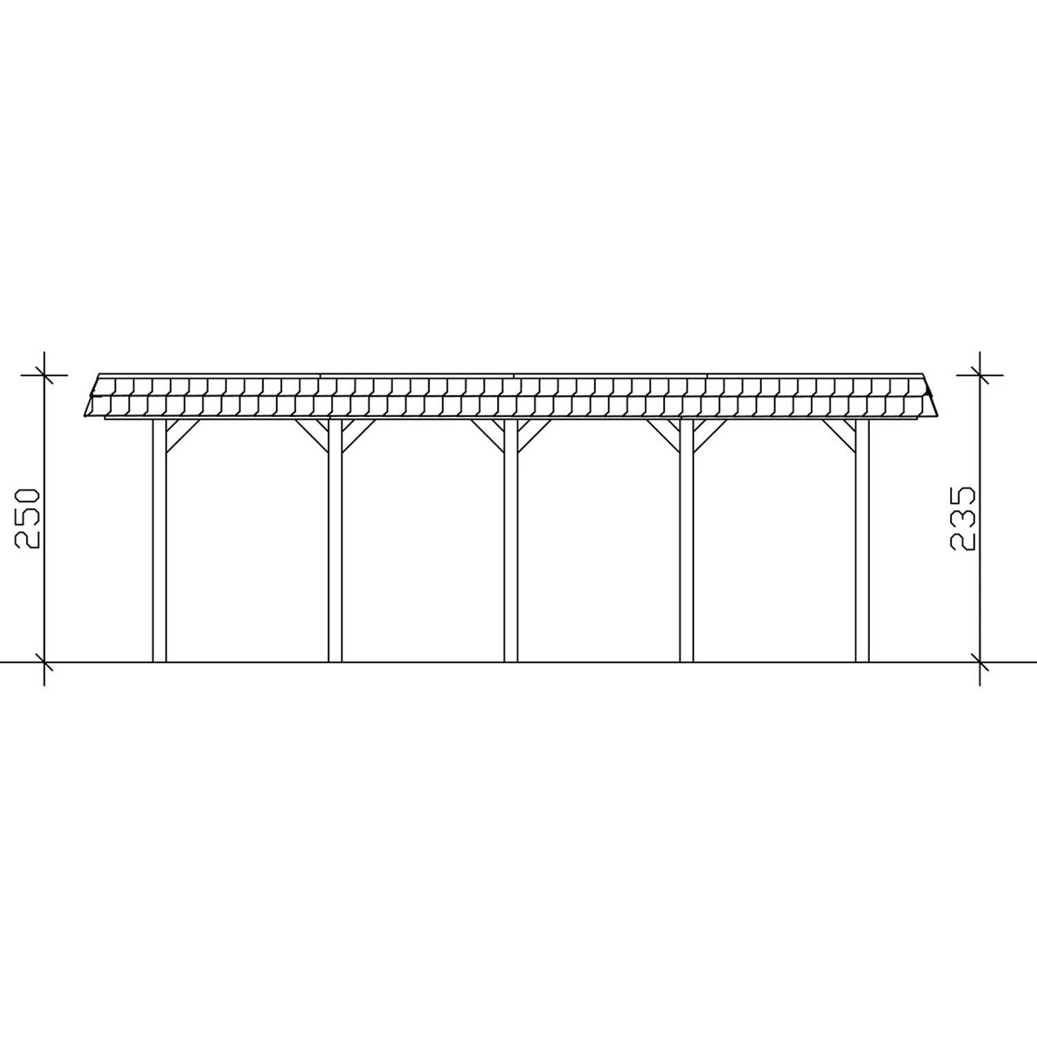 Technische Zeichnung: Skan Holz Carport Spreewald, Doppelcarport mit roter Blende, Maße 585x741 cm.