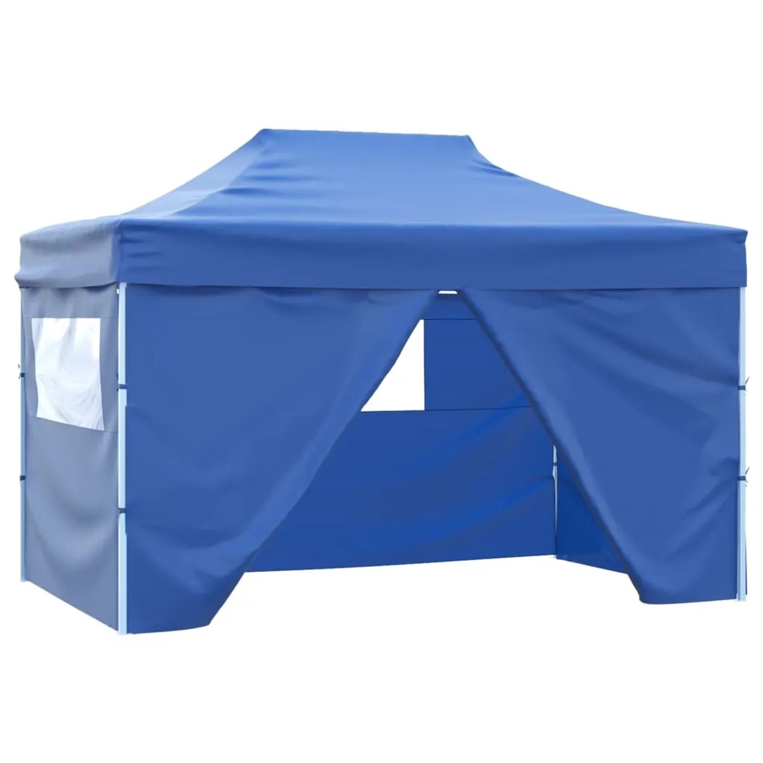 Blaues, faltbares Partyzelt 3x4m mit Seitenwänden und Stahlrahmen.