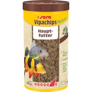 Sera Vipachips Nature Tablettenfutter, 1000ml Dose mit Futterchips und Abbildung von Zierfischen.
