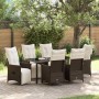 7-teilige Garten Essgruppe aus braunem Polyrattan mit Tisch und Stühlen mit Kissen.