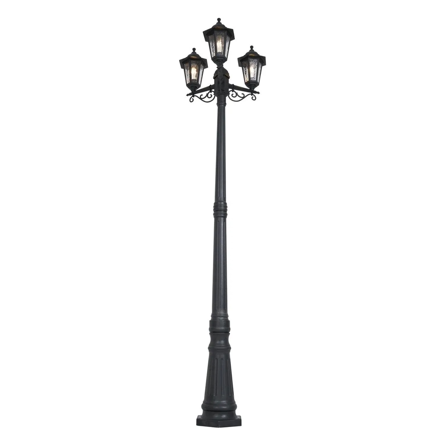 Klassische, schwarze QAZQA Außenleuchte New Haven, 217 cm hoch, mit drei Laternen und gehämmertem Design.