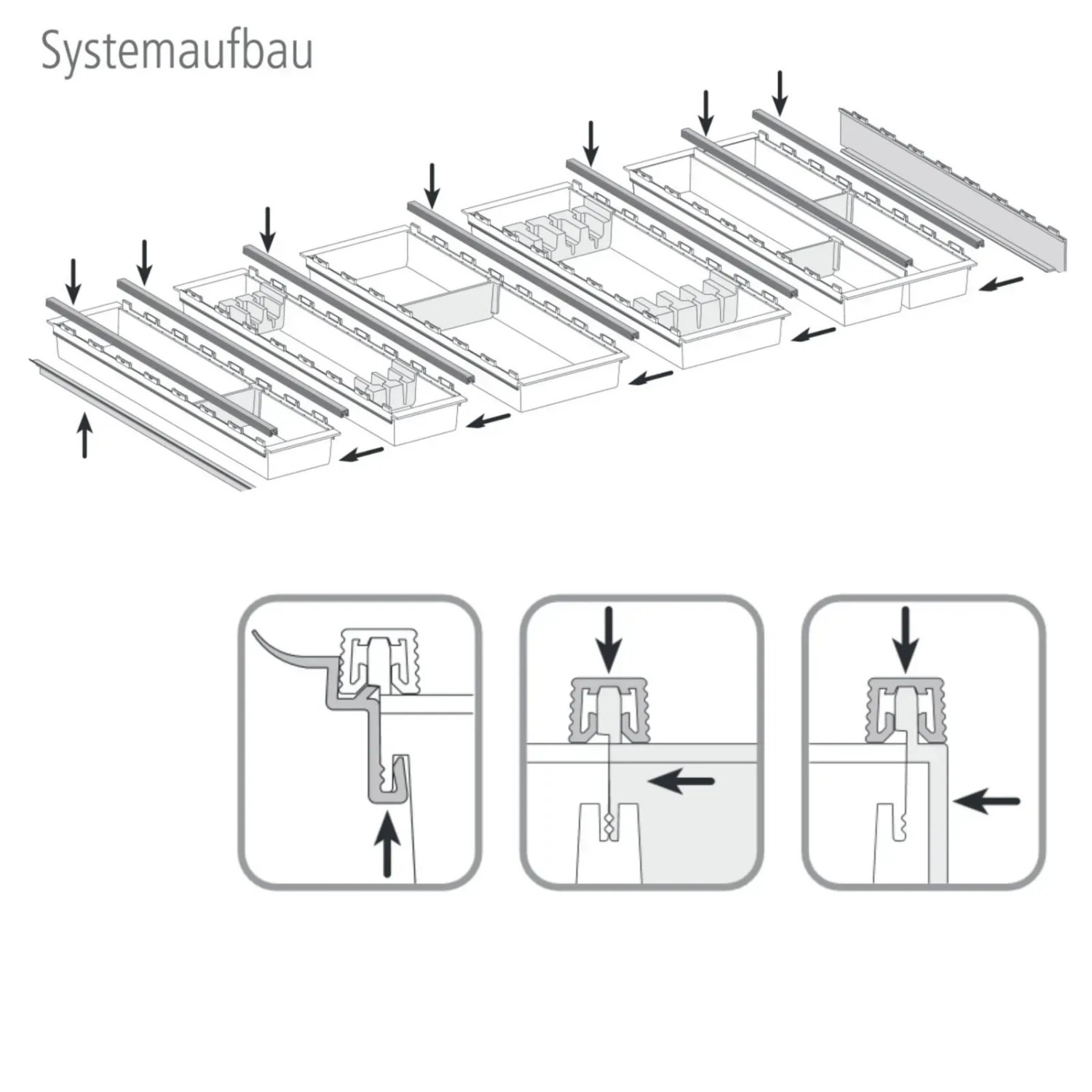 SOTECH Cuisio Besteckeinsatz Systemaufbau: transluzente Graphitgrau-Schalen, Aluprofile, Dichtlippen für Schubladen.