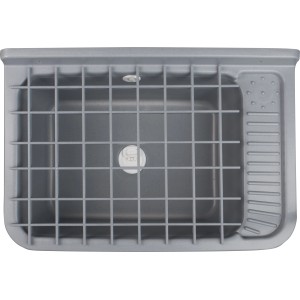 Graues Ausgussbecken aus Kunststoff, 60 cm breit, mit Gitter und Ablagefläche.