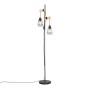 Schwarze QAZQA Stehlampe mit Holzdetails und zwei Lampenschirmen im Industrie-Design.