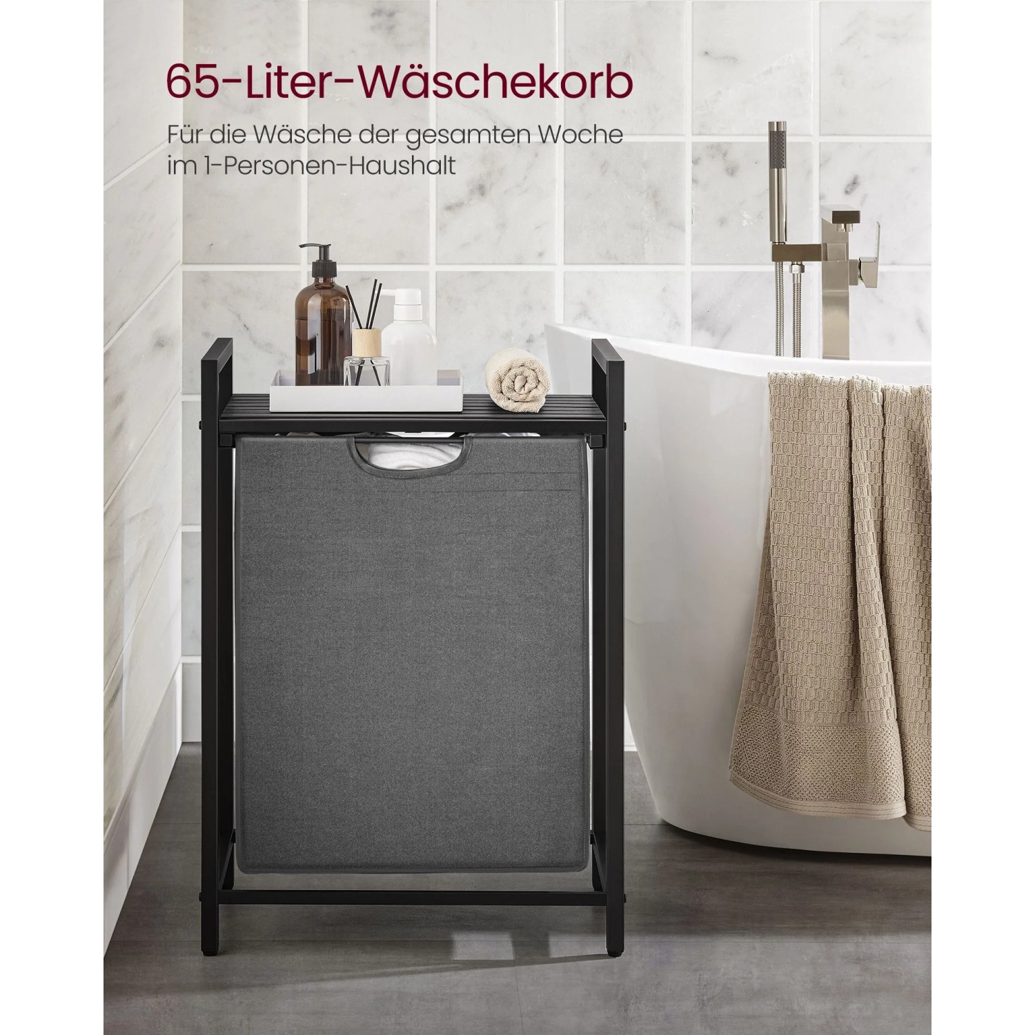 Vasagle Wäschesammler mit Ablage in Schwarz-Grau, ideal für Bad oder Waschküche.