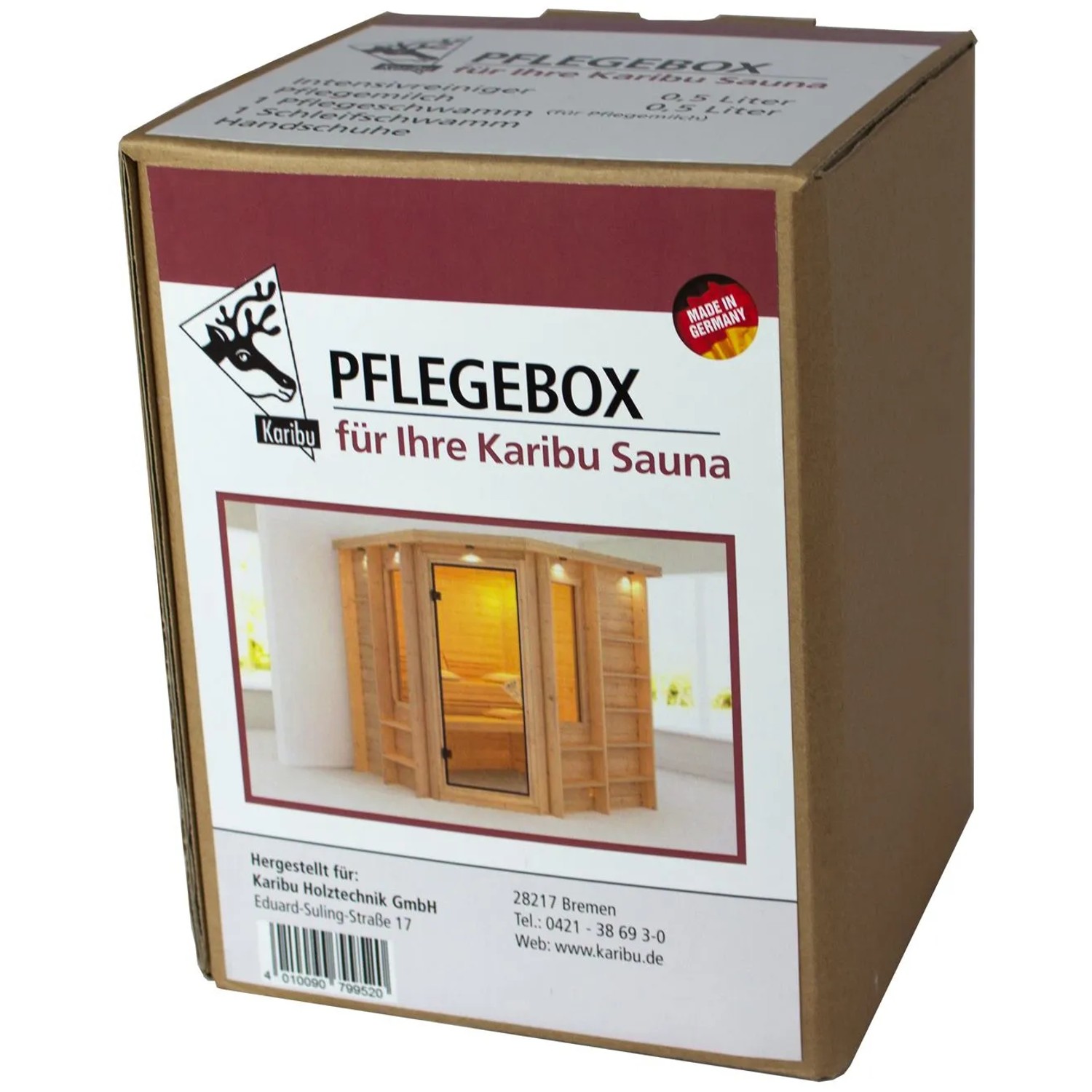 Karibu Pflegebox für Sauna Innenbereich: Reiniger, Milch, Schwamm, Schleifschwamm, Handschuhe.