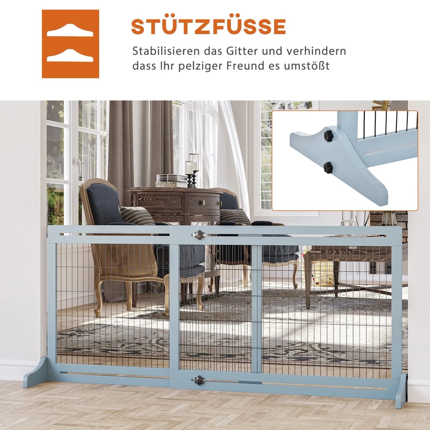 PawHut Hunde Absperrgitter, ausziehbar, hellblau, mit stabilen Fußstützen. Flexibles Hundetor für sichere Bereiche.