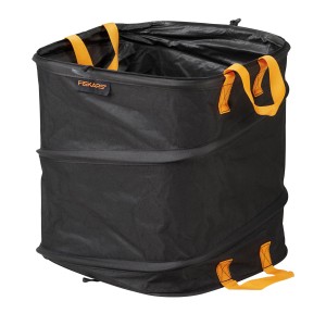 Fiskars Gartenabfallsack Ergo Pop Up, 73 l, schwarz-orange, geöffnet. Gartensack für Laub und Gartenabfälle.