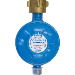 Blauer Gasregler 1 kg/h 50 mbar für Camping-Gasflaschen.