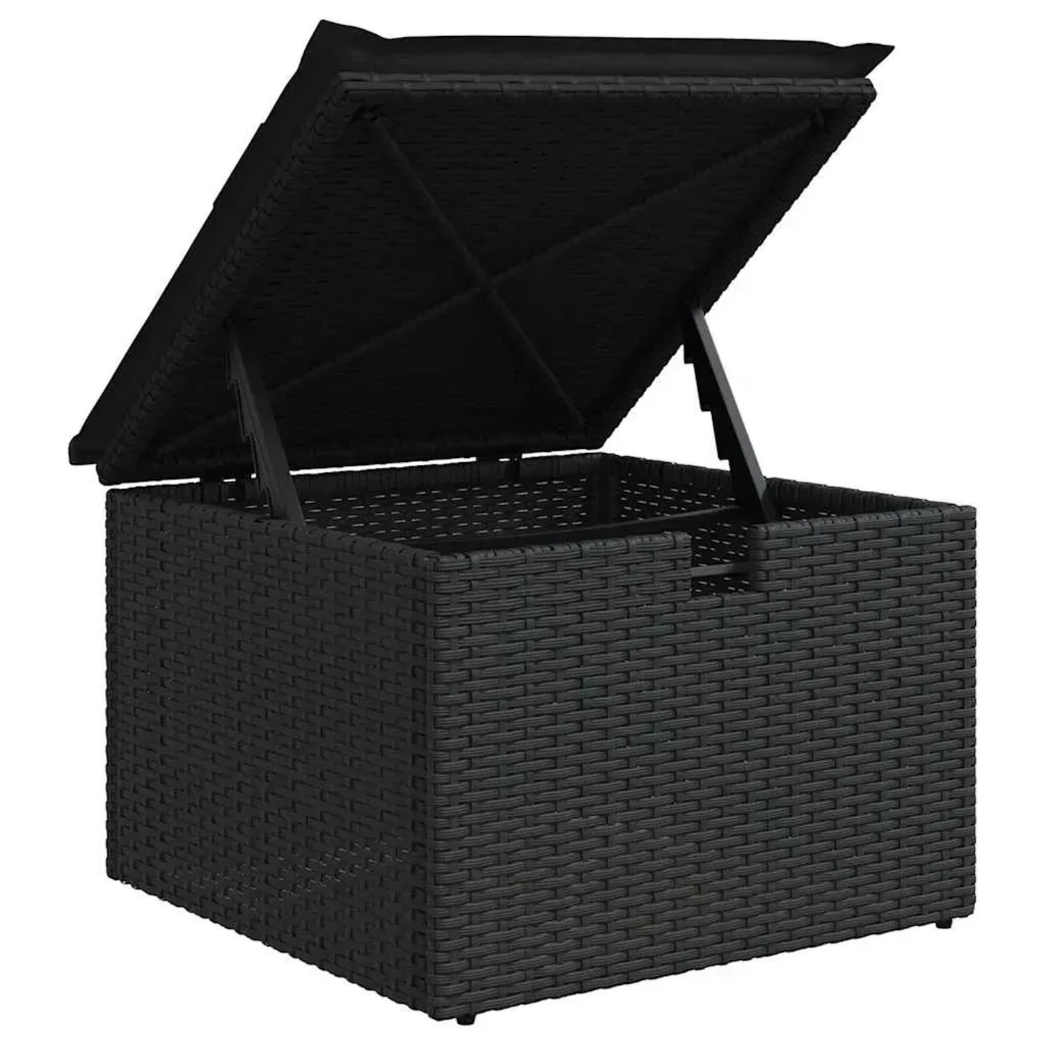 Schwarze vidaXL Gartenmöbel Auflagenbox aus Polyrattan mit geöffnetem Deckel.