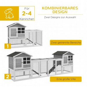 PawHut Kaninchenstall aus grauem Holz mit Außengehege und Rampe, in zwei Aufbauvarianten gezeigt.