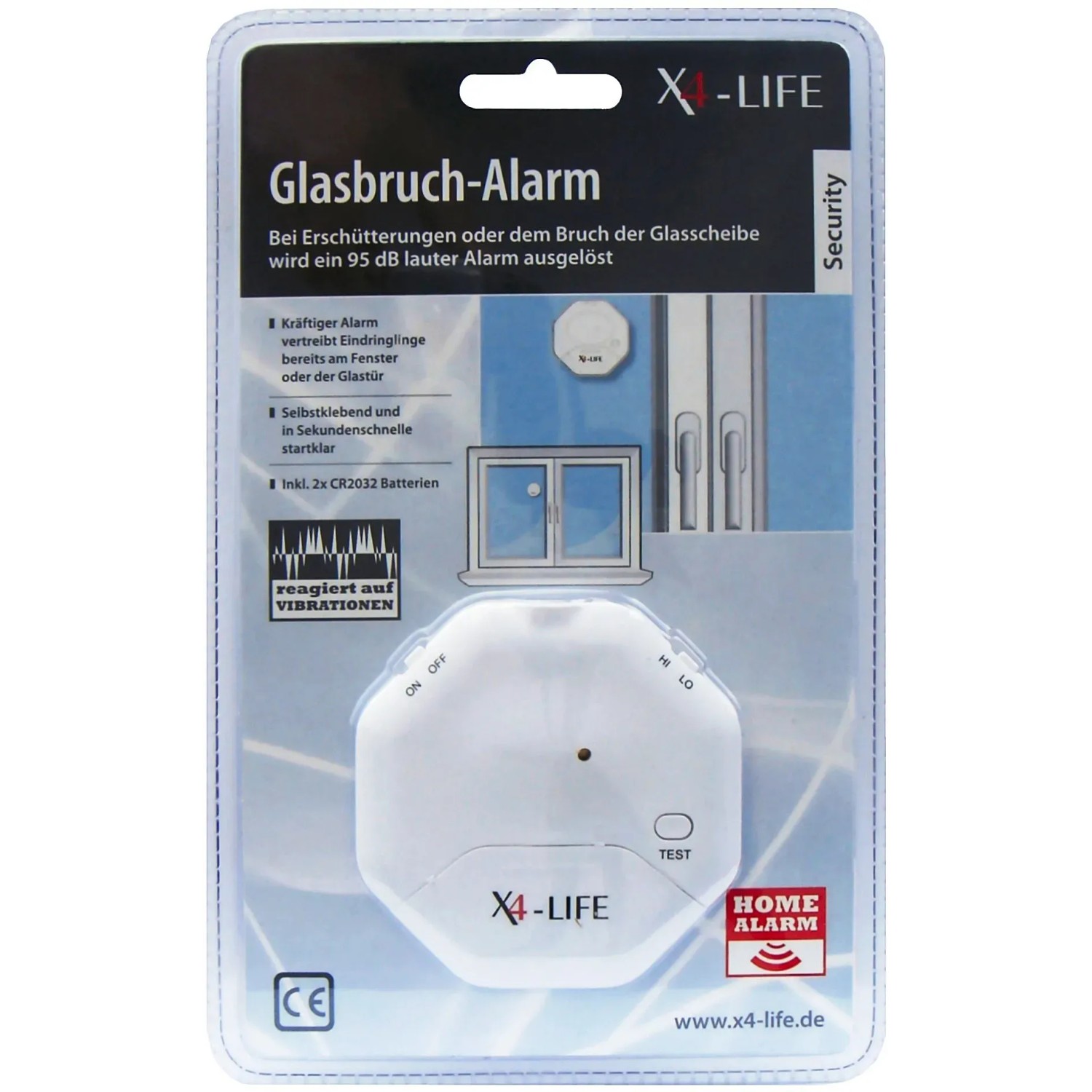 Glasbruchmelder 95 dB von X4-LIFE, zur Tür- und Fenstersicherung. Kompaktes, weißes Design mit Testknopf.