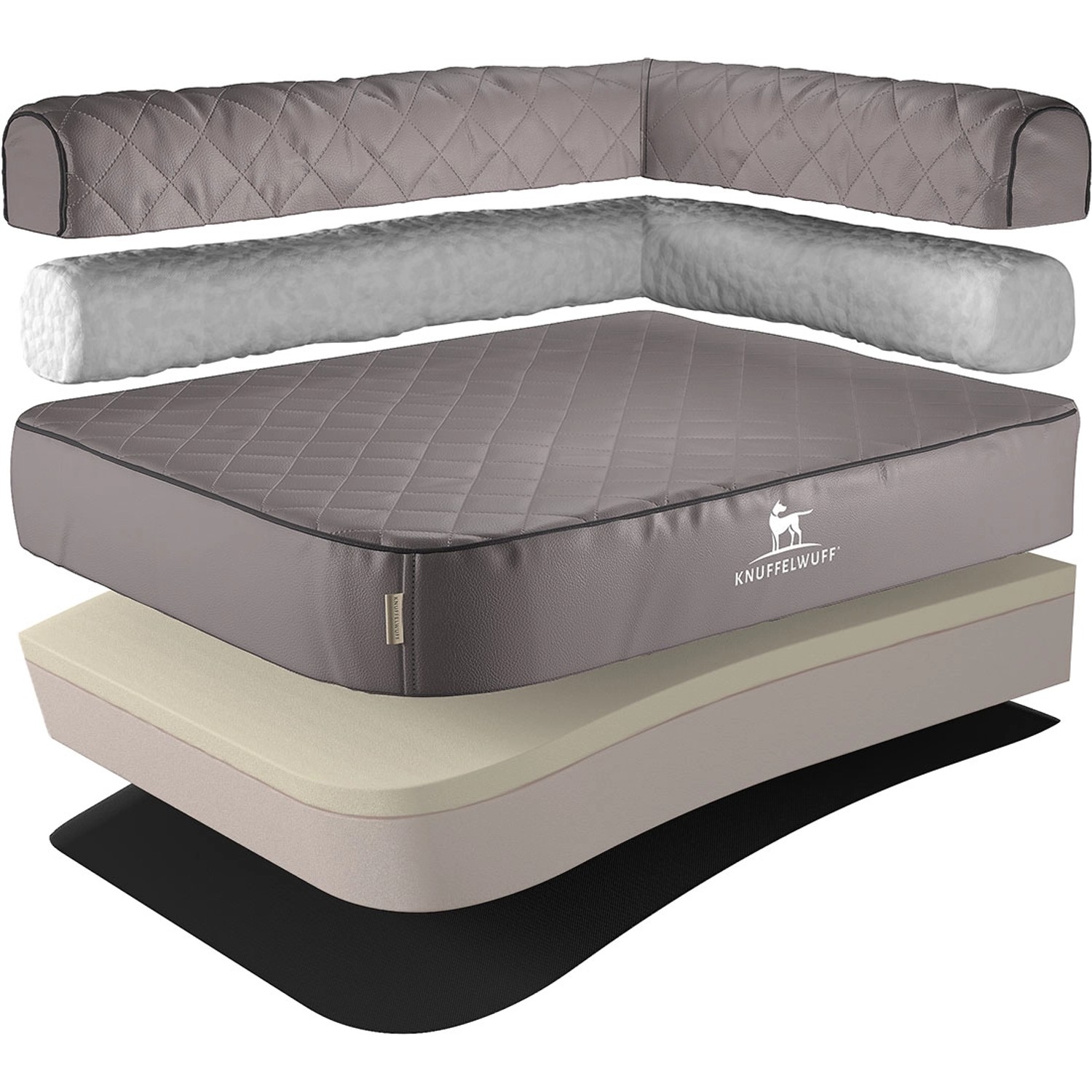 Knuffelwuff Eck Hundebett Winslow XXL, orthopädisch, Kunstleder grau, mit abnehmbaren Elementen.