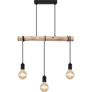 Globo Pendelleuchte Gregor, 3-flammig, schwarz, mit Holzbalken und E27 Fassungen.