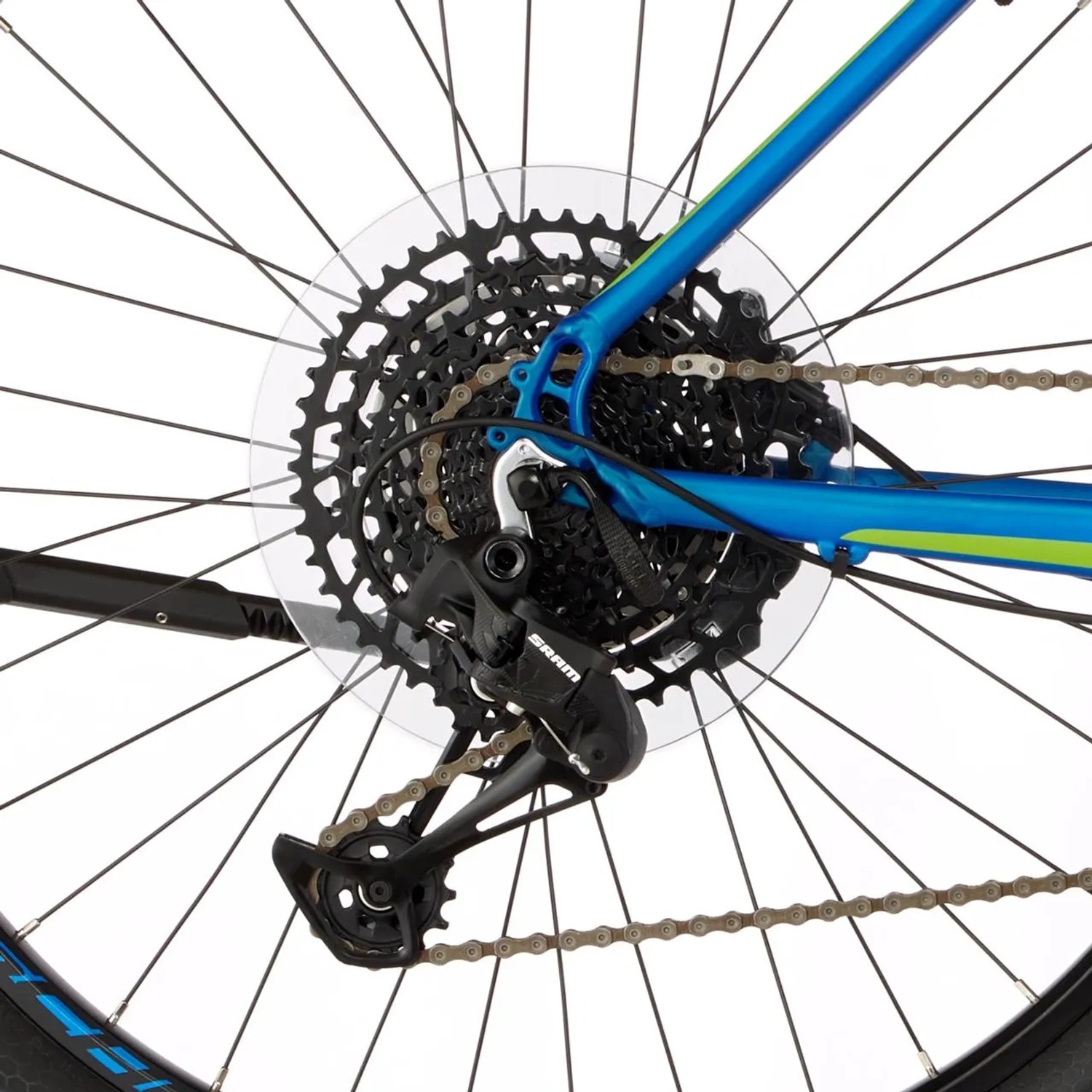 Detailaufnahme: Schaltwerk und Kassette am blauen Fischer E-Bike Mountainbike Montis 6.0i.