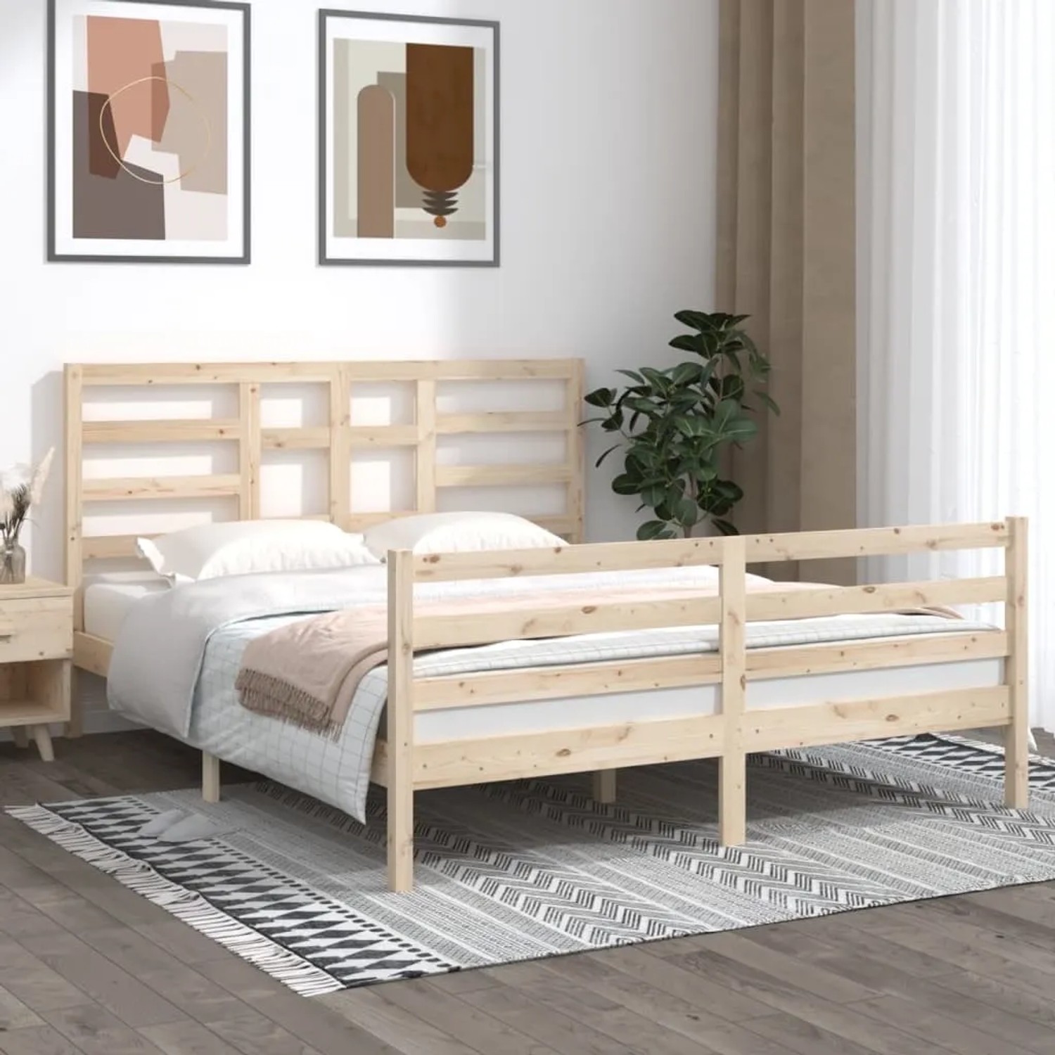 Massivholzbett, 160x200 cm, Kiefernholz, Lattenrost, unbehandelt, für Schlafzimmer.